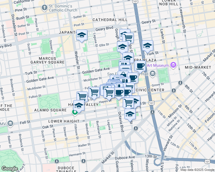 map of restaurants, bars, coffee shops, grocery stores, and more near 550 Fulton Street in San Francisco