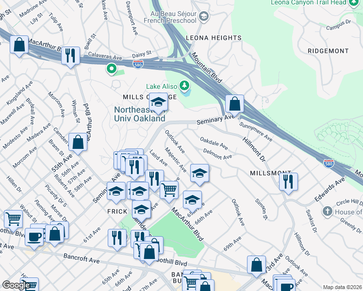map of restaurants, bars, coffee shops, grocery stores, and more near 6054 Outlook Avenue in Oakland