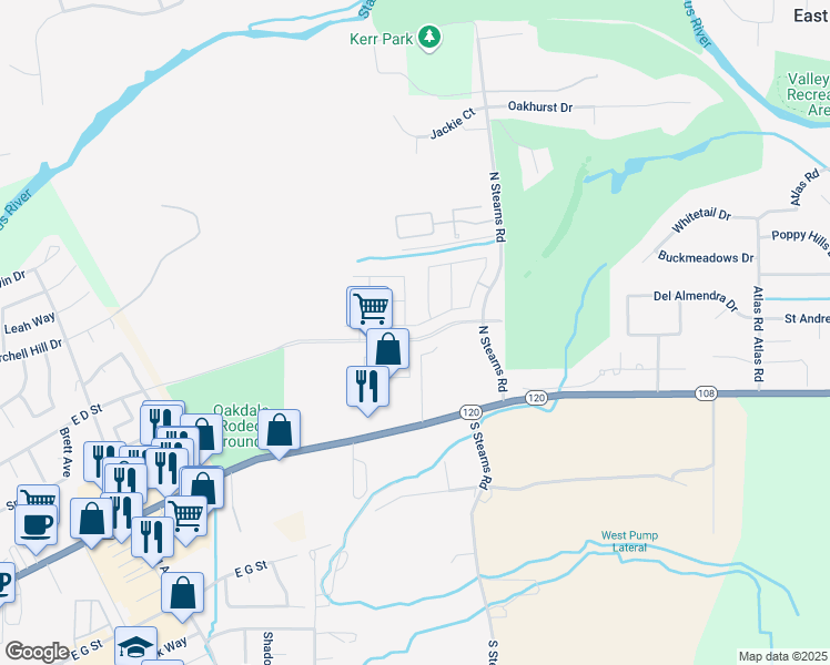map of restaurants, bars, coffee shops, grocery stores, and more near 318 Via Ziroli in Oakdale