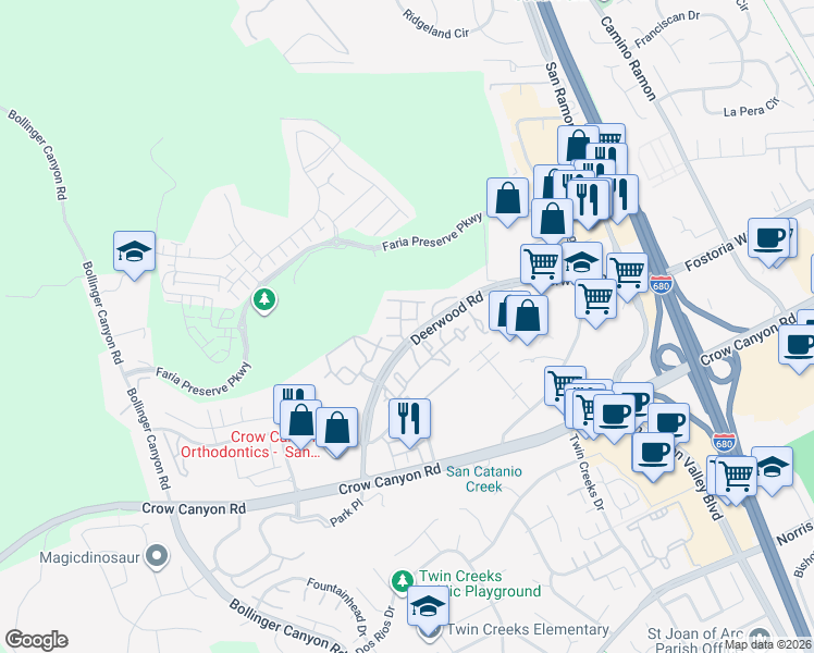 map of restaurants, bars, coffee shops, grocery stores, and more near 1105 Radiant Lane in San Ramon
