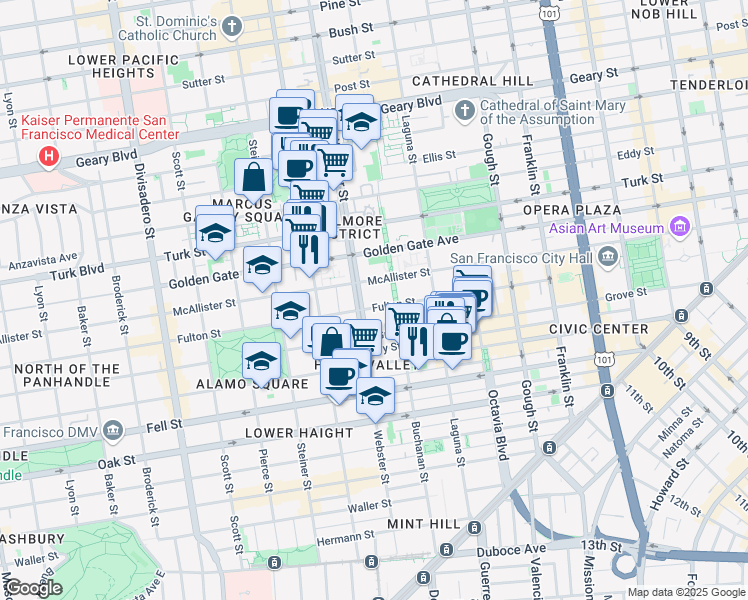map of restaurants, bars, coffee shops, grocery stores, and more near 762 Fulton Street in San Francisco