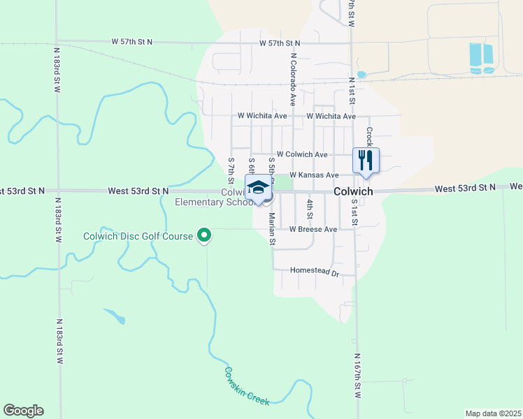 map of restaurants, bars, coffee shops, grocery stores, and more near 339 South 1st Street in Colwich