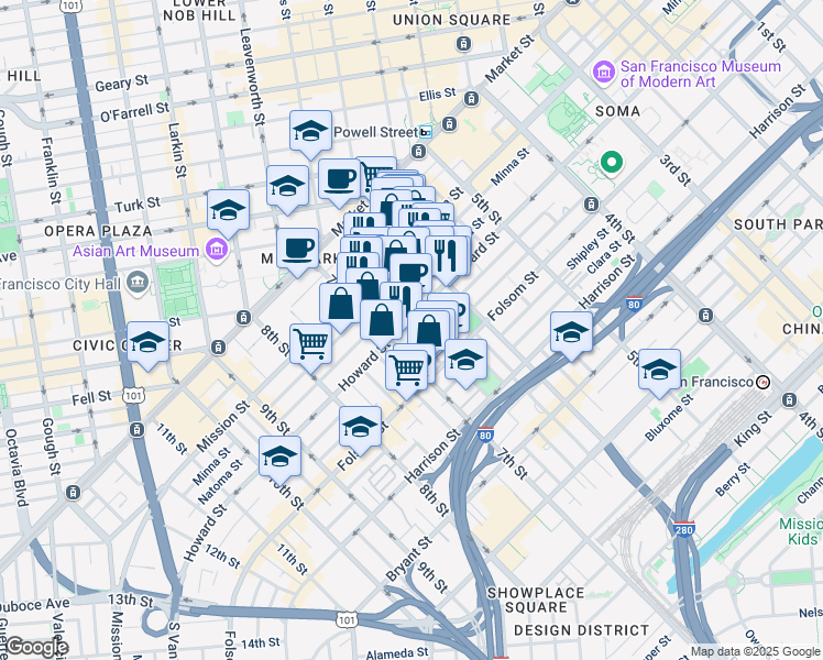 map of restaurants, bars, coffee shops, grocery stores, and more near 563 Natoma Street in San Francisco