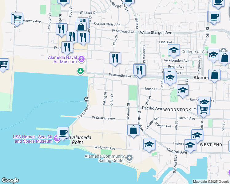 map of restaurants, bars, coffee shops, grocery stores, and more near 1800 Orion Street in Alameda