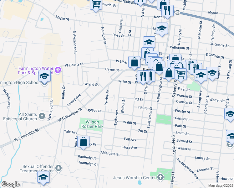 map of restaurants, bars, coffee shops, grocery stores, and more near 502 West Columbia Street in Farmington
