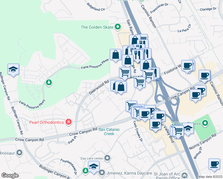 map of restaurants, bars, coffee shops, grocery stores, and more near 300 Deerwood Road in San Ramon