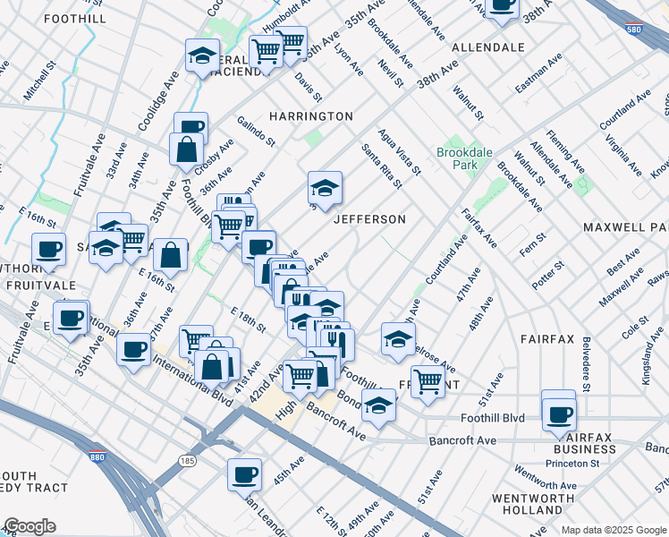map of restaurants, bars, coffee shops, grocery stores, and more near 2035 Rosedale Avenue in Oakland