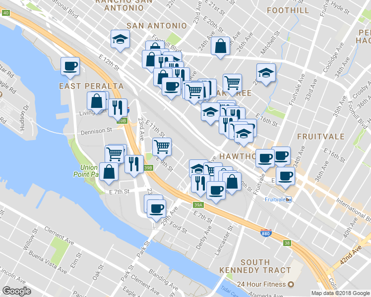 map of restaurants, bars, coffee shops, grocery stores, and more near 2744 East 11th Street in Oakland