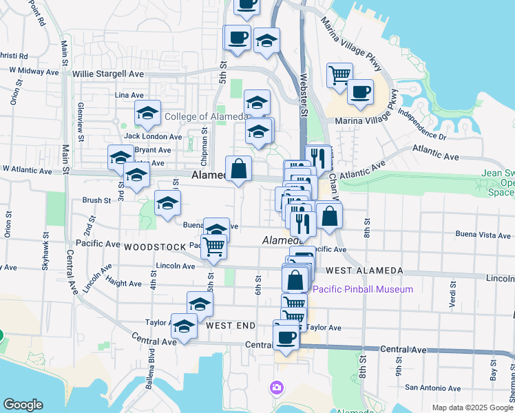 map of restaurants, bars, coffee shops, grocery stores, and more near 1 Curlew Court in Alameda