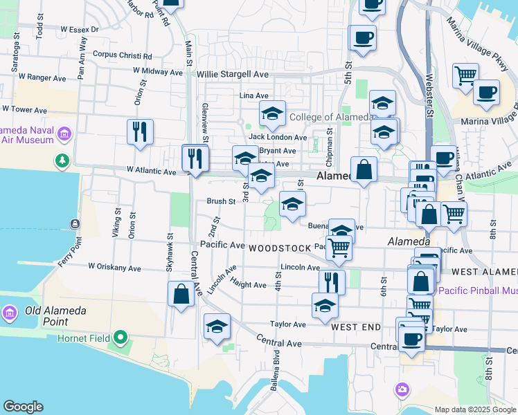 map of restaurants, bars, coffee shops, grocery stores, and more near 1900 3rd Street in Alameda