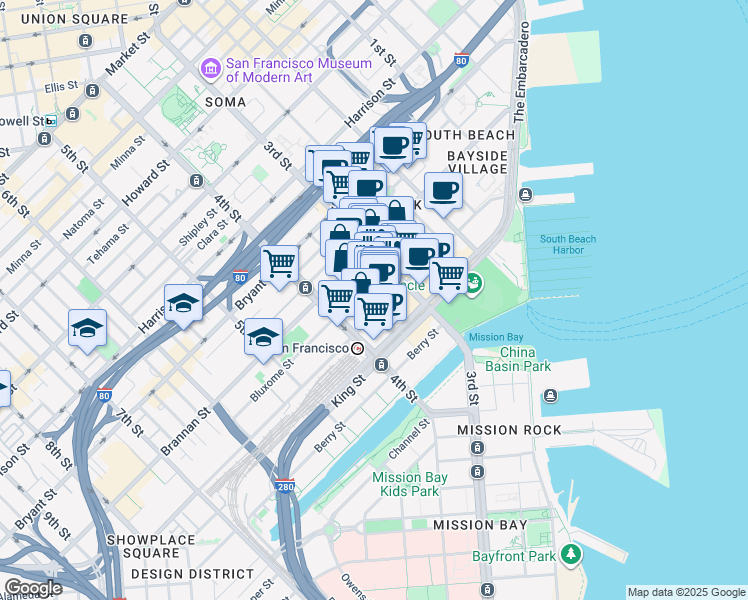map of restaurants, bars, coffee shops, grocery stores, and more near 411 Brannan Street in San Francisco