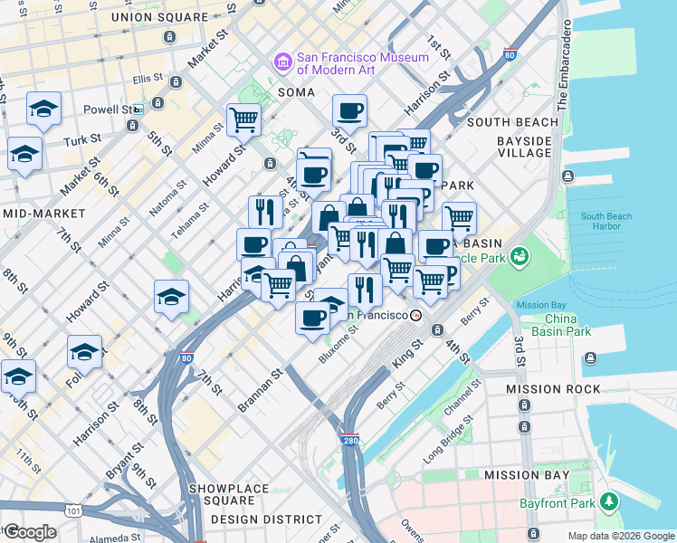 map of restaurants, bars, coffee shops, grocery stores, and more near 625 Bryant Street in San Francisco