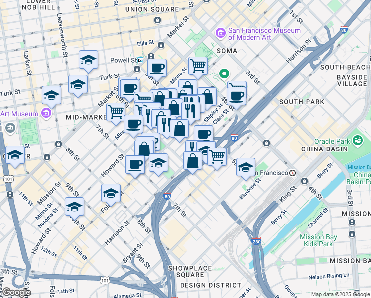 map of restaurants, bars, coffee shops, grocery stores, and more near 965 Folsom Street in San Francisco