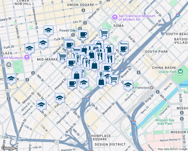map of restaurants, bars, coffee shops, grocery stores, and more near 965 Folsom Street in San Francisco