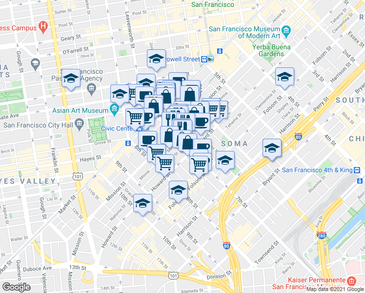 map of restaurants, bars, coffee shops, grocery stores, and more near 1087 Mission Street in San Francisco