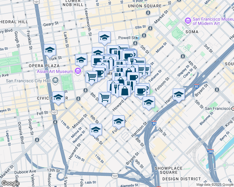 map of restaurants, bars, coffee shops, grocery stores, and more near 1087 Mission Street in San Francisco