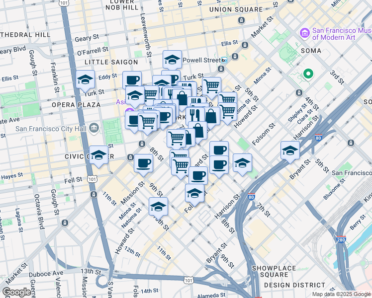 map of restaurants, bars, coffee shops, grocery stores, and more near 90 7th Street in San Francisco