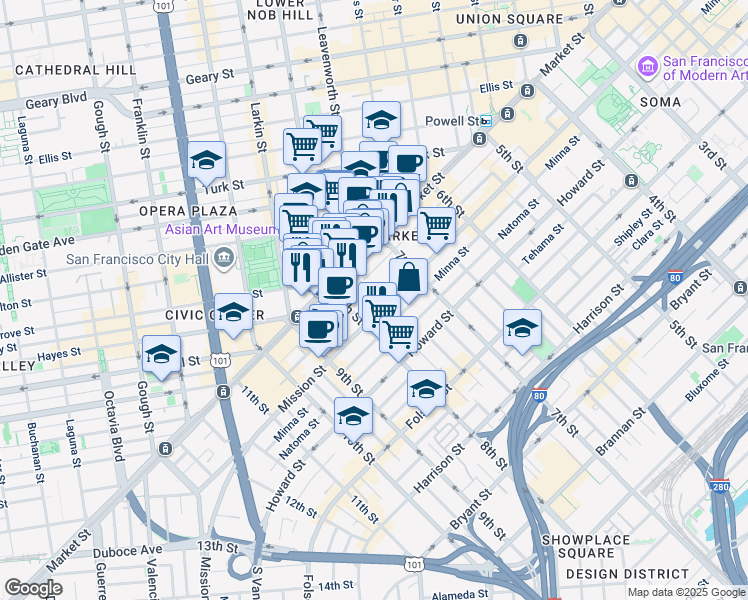 map of restaurants, bars, coffee shops, grocery stores, and more near 1150 Market Street in San Francisco