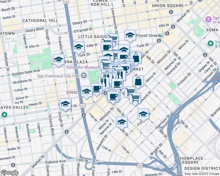 map of restaurants, bars, coffee shops, grocery stores, and more near in San Francisco