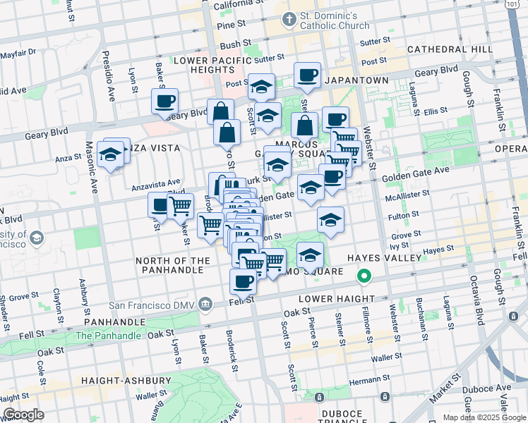map of restaurants, bars, coffee shops, grocery stores, and more near 1616 Golden Gate Avenue in San Francisco