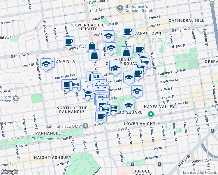 map of restaurants, bars, coffee shops, grocery stores, and more near 1616 Golden Gate Avenue in San Francisco