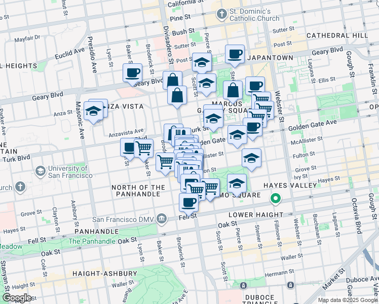 map of restaurants, bars, coffee shops, grocery stores, and more near 1616 Golden Gate Avenue in San Francisco