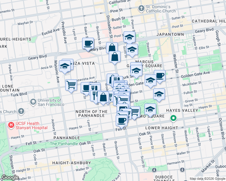 map of restaurants, bars, coffee shops, grocery stores, and more near 1021 Divisadero Street in San Francisco