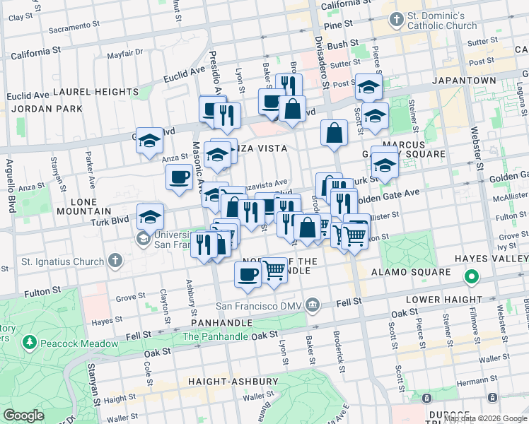 map of restaurants, bars, coffee shops, grocery stores, and more near in San Francisco