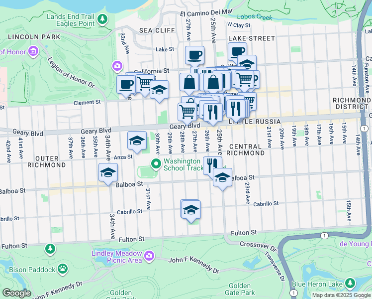 map of restaurants, bars, coffee shops, grocery stores, and more near 553 27th Avenue in San Francisco