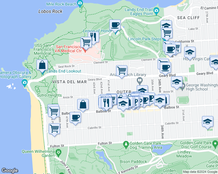 map of restaurants, bars, coffee shops, grocery stores, and more near 501 41st Avenue in San Francisco