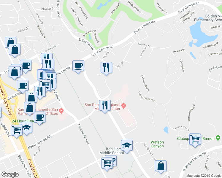 map of restaurants, bars, coffee shops, grocery stores, and more near 428 Norris Canyon Terrace in San Ramon