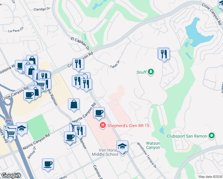 map of restaurants, bars, coffee shops, grocery stores, and more near 428 Norris Canyon Terrace in San Ramon
