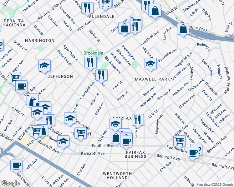 map of restaurants, bars, coffee shops, grocery stores, and more near 2440 Fern Street in Oakland