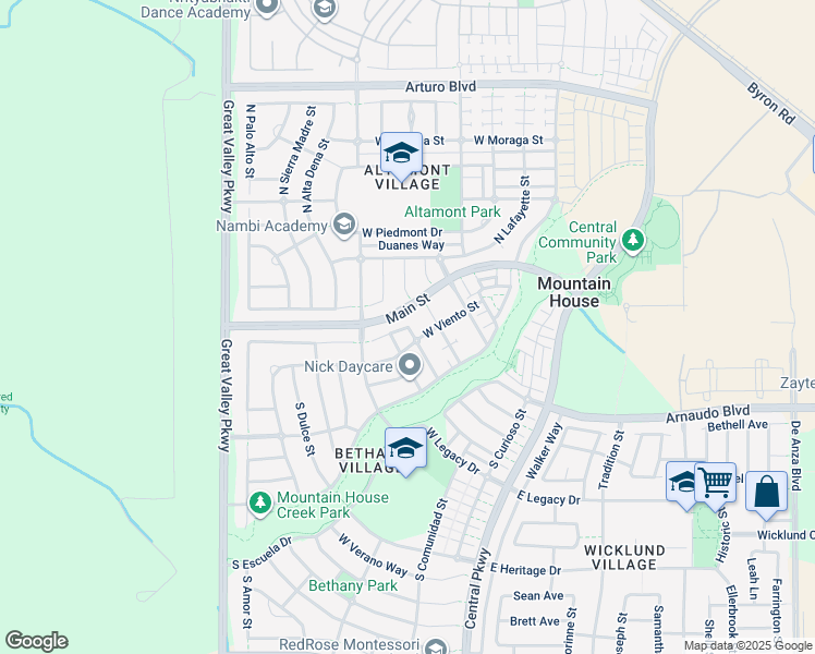 map of restaurants, bars, coffee shops, grocery stores, and more near 44 South Pacifico Street in Tracy