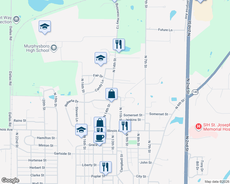 map of restaurants, bars, coffee shops, grocery stores, and more near 1211-1299 N 14th St in Murphysboro
