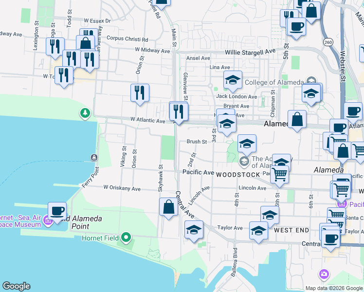 map of restaurants, bars, coffee shops, grocery stores, and more near 1808 Main Street in Alameda