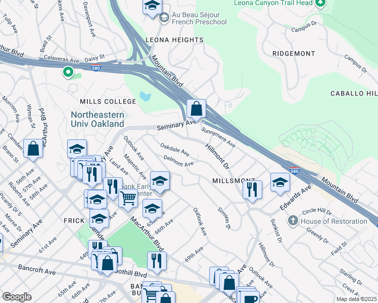 map of restaurants, bars, coffee shops, grocery stores, and more near 6224 Oakdale Avenue in Oakland