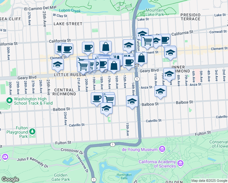 map of restaurants, bars, coffee shops, grocery stores, and more near 481 16th Avenue in San Francisco