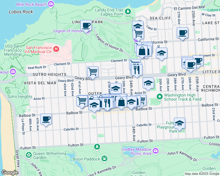 map of restaurants, bars, coffee shops, grocery stores, and more near 550 37th Avenue in San Francisco