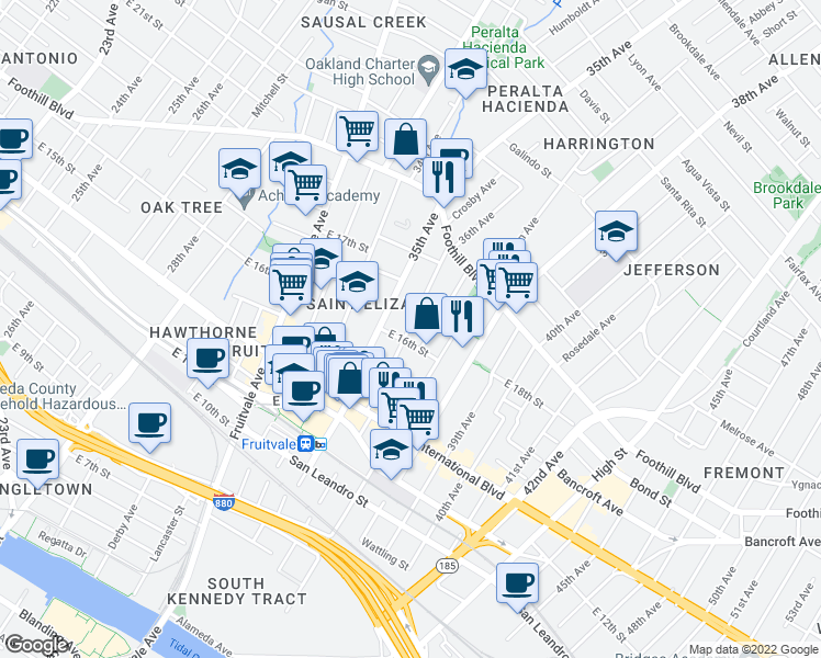 map of restaurants, bars, coffee shops, grocery stores, and more near 1568 36th Avenue in Oakland