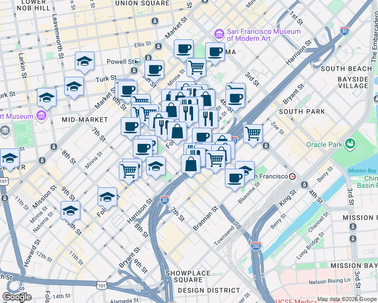 map of restaurants, bars, coffee shops, grocery stores, and more near 222 Clara Street in San Francisco