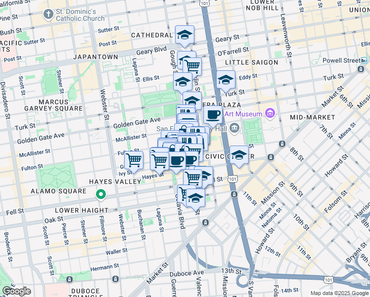 map of restaurants, bars, coffee shops, grocery stores, and more near 229 Gough Street in San Francisco