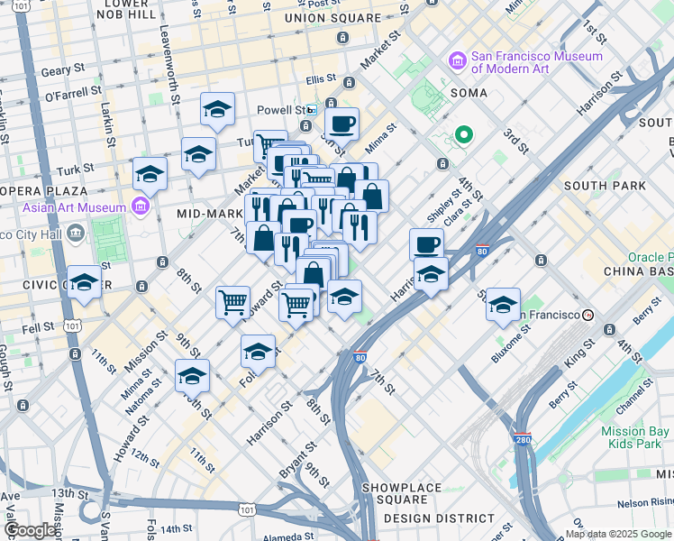 map of restaurants, bars, coffee shops, grocery stores, and more near 2 Harriet Street in San Francisco