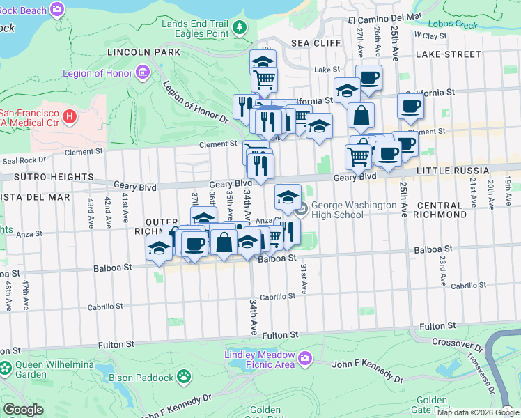 map of restaurants, bars, coffee shops, grocery stores, and more near 530 33rd Avenue in San Francisco