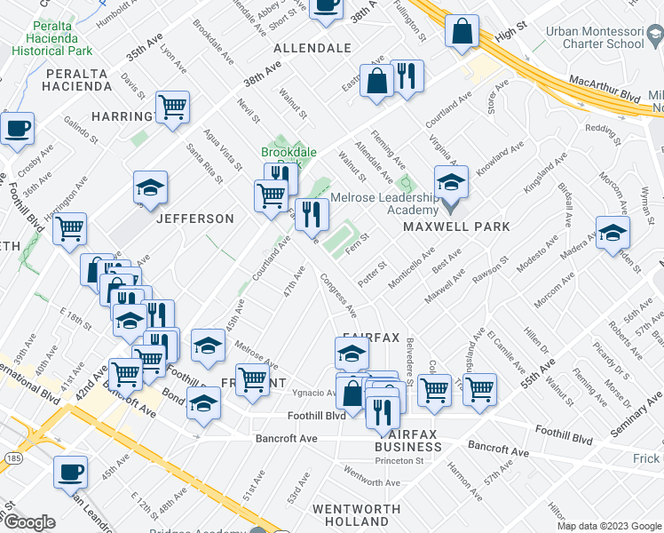 map of restaurants, bars, coffee shops, grocery stores, and more near 4801 Fairfax Avenue in Oakland