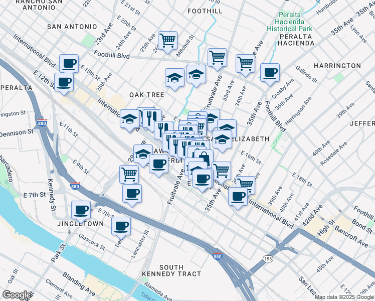 map of restaurants, bars, coffee shops, grocery stores, and more near 1479 Fruitvale Avenue in Oakland