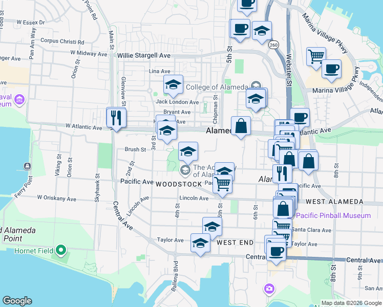 map of restaurants, bars, coffee shops, grocery stores, and more near 435 Buena Vista Avenue in Alameda