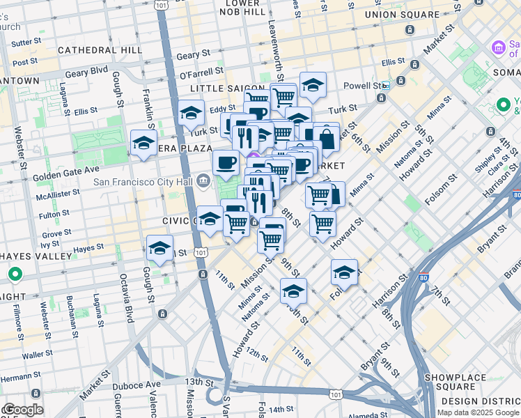 map of restaurants, bars, coffee shops, grocery stores, and more near in San Francisco