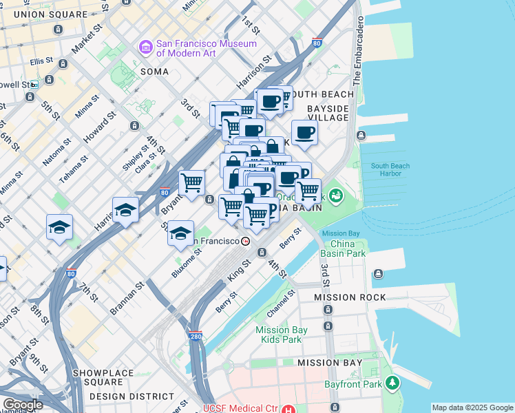 map of restaurants, bars, coffee shops, grocery stores, and more near 411 Brannan Street in San Francisco