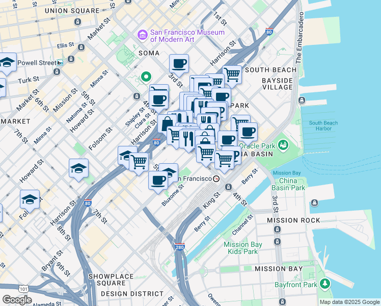 map of restaurants, bars, coffee shops, grocery stores, and more near in San Francisco